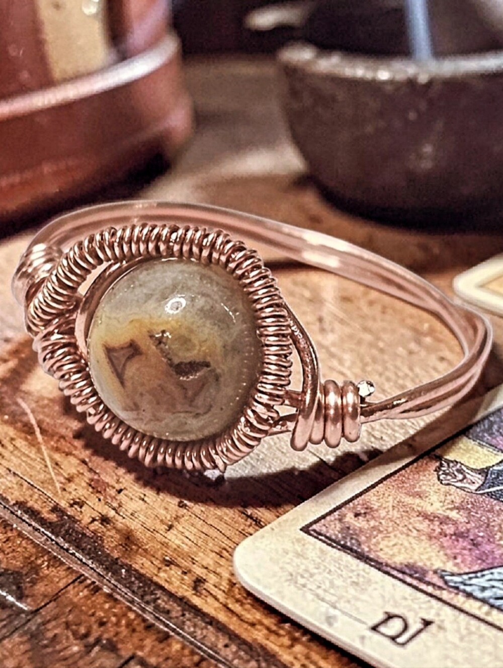 Copper Wire-Wrapped Grounding Jasper Ring - Green Jasper Center